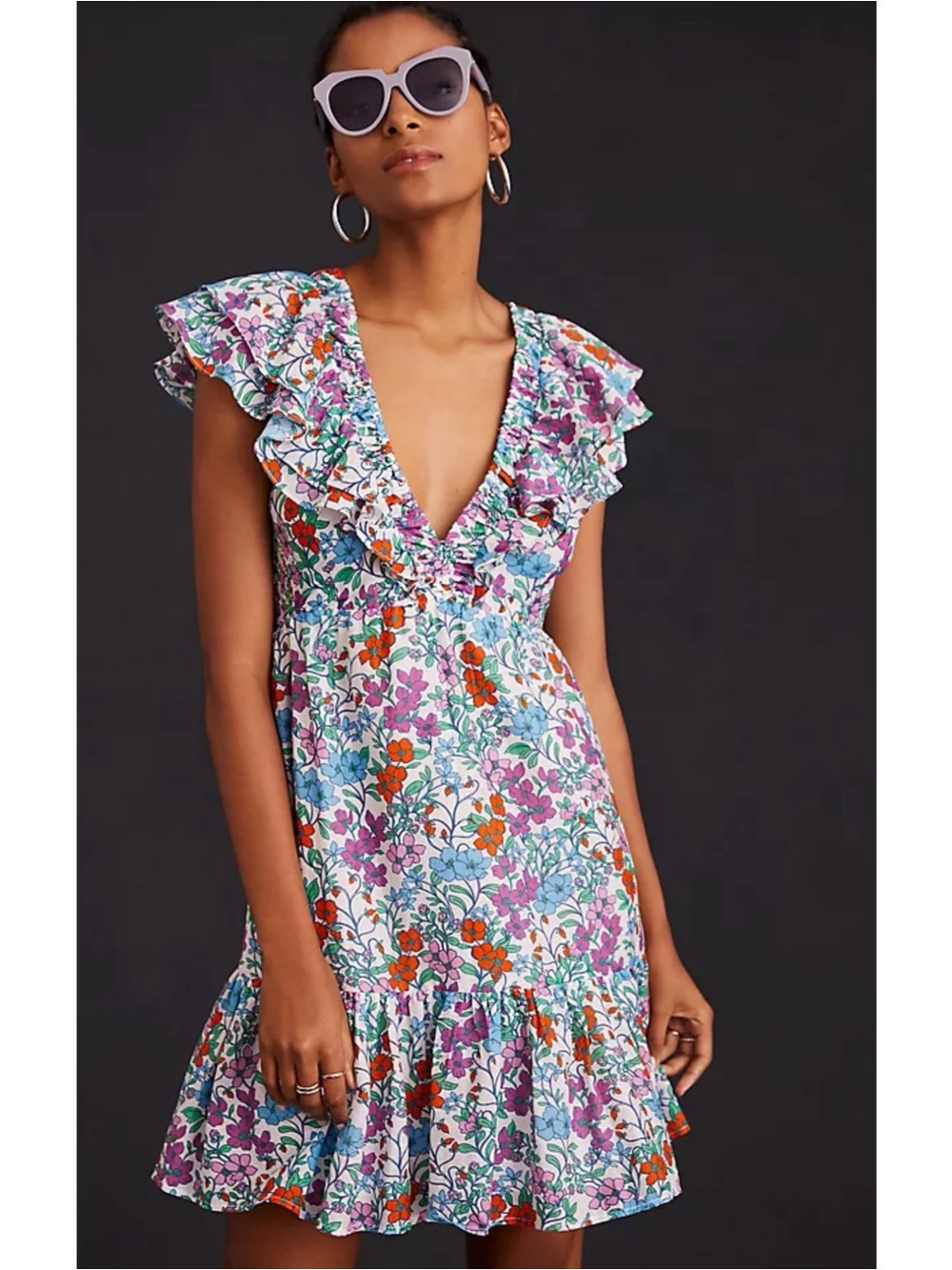 Anthropologie Roller Rabbit Blomst Ondika Floral Ruffle Mini Dress V-neck Size L